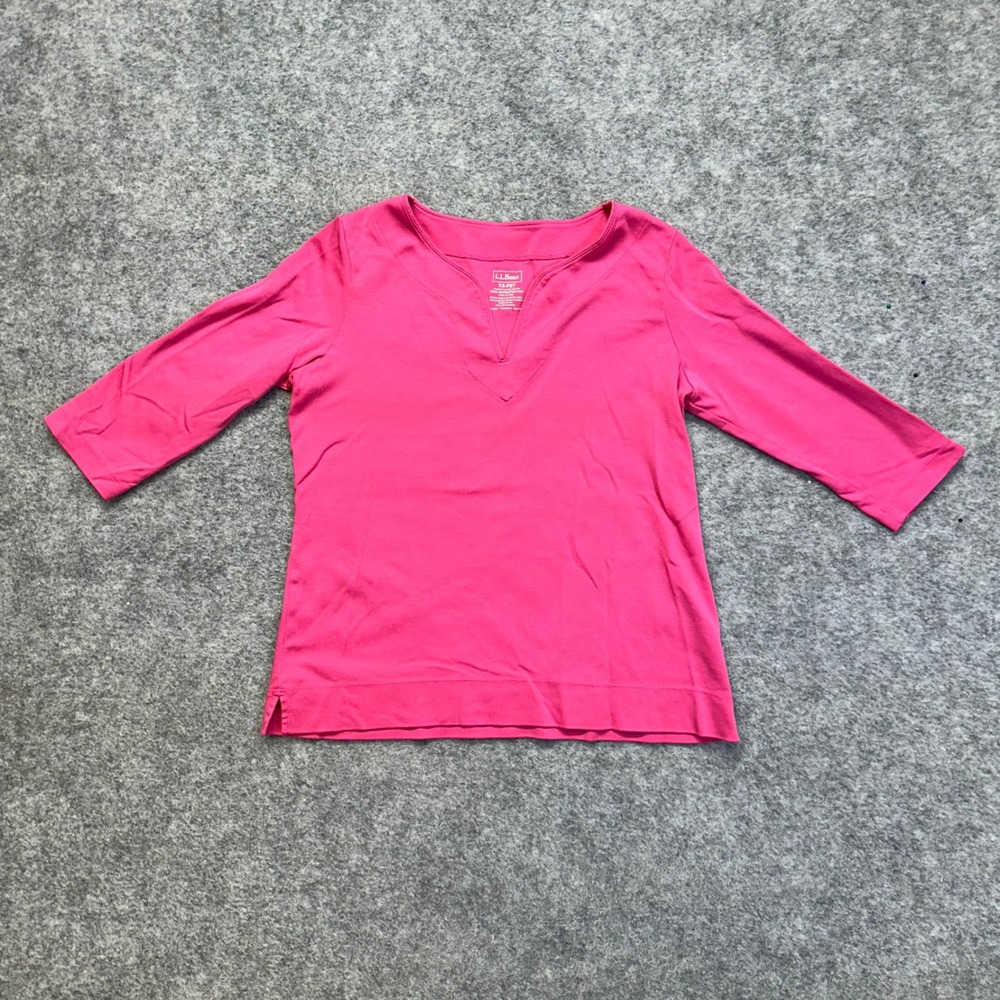 LL Bean Split Neck Top Womens XS Petite Pink Excellent 3/4 Sleeve Supima Cotton